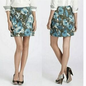 Anthropologie Postmark Blue and Green Floral Corduroy Skirt Size 6 Spring Boho
